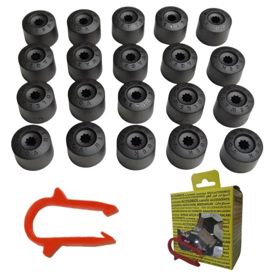 M17 Wheel Nut Caps VW (Branded) Black Caddy Golf Jetta Passat Polo Tiguan 2004 1K0601173 6X0012243 20 Pcs + Removal Tool